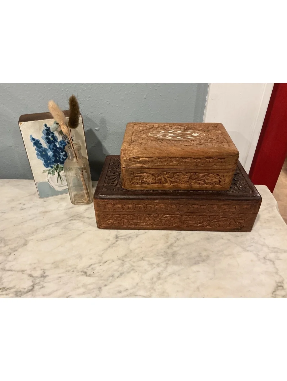 Vintage Indian Carved Wood Shell Inlay Box